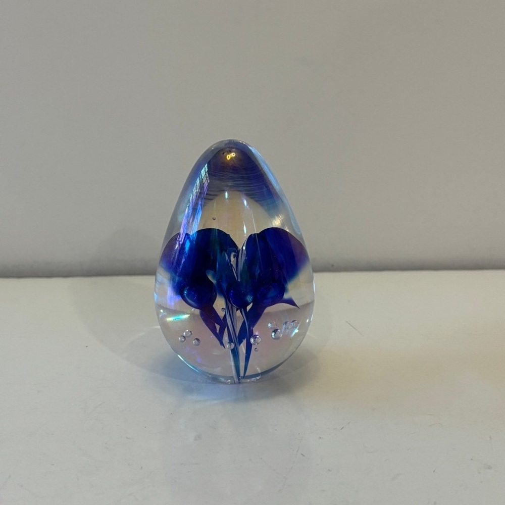 James Alloway Art Glass Paperweight Signed purple Flower & Bubbles Iridescent